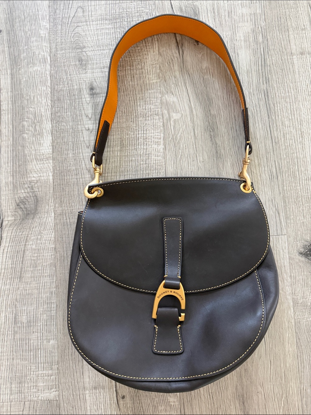 Dooney & Bourke Brown Leather Shoulder Bag with Orange-Lined Strap